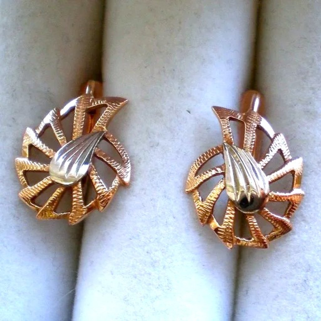 Russian Ussr 14k 585 Two Tone Rose Pink White Gold Spider Web Filigree Earrings